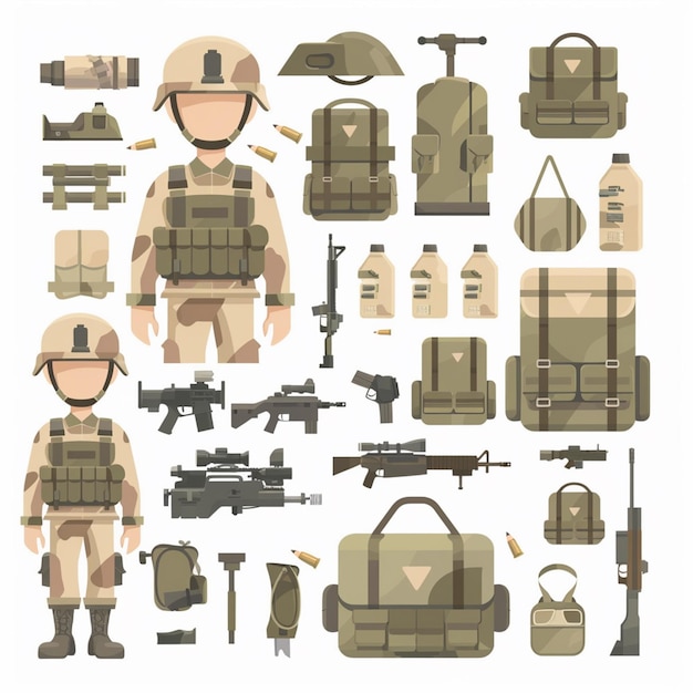 Vector a collection of military equipment including a soldier and a soldier