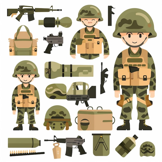 Vector a collection of military items including a soldier and a gun