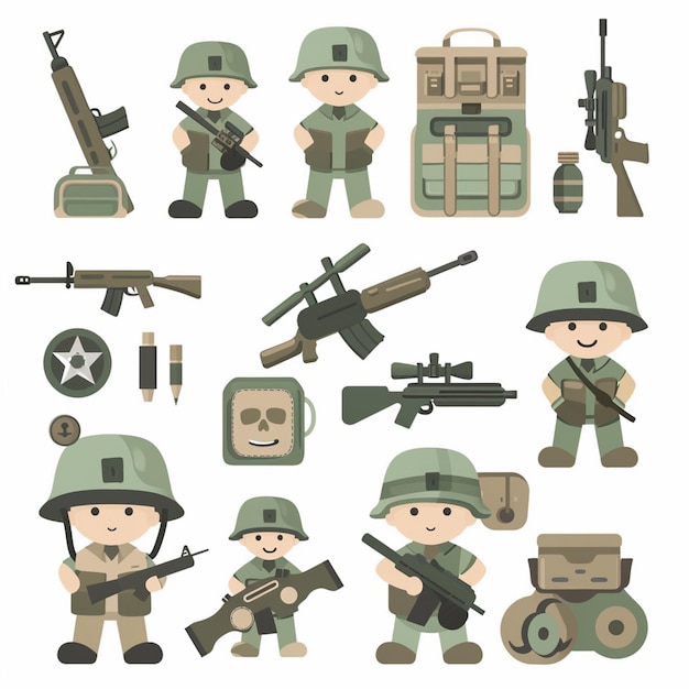 Vector a collection of military toys including soldiers and weapons