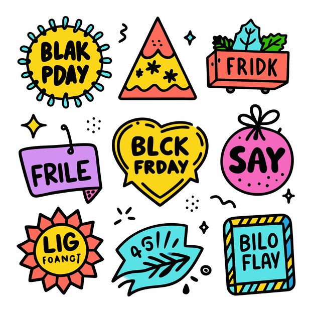 Vector a collection of nine handdrawn colorful stickers with words like quotblack fridayquot quotfrilequot quotsayquot quotlig foangtquot quotbilo flayquot quot451quot