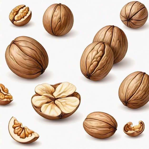 Vector a collection of nuts including walnuts and walnuts