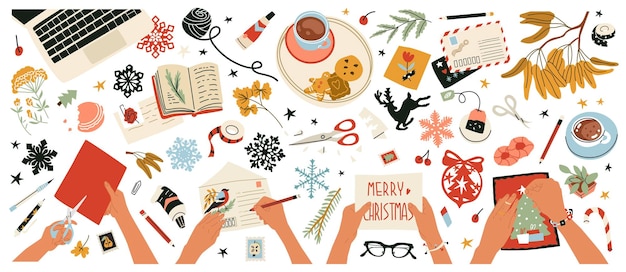 Collection of objects and compositions with female hands at work Creating Christmas decorations greeting cards writing letters and compiling a wish list Flat style in vector illustration Isolated