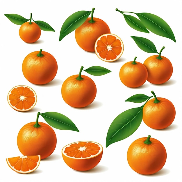 a collection of oranges with leaves and leaves on them