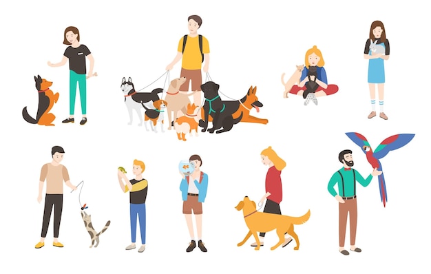 Collection of people with pets isolated on white background. Set of men and women holding their domestic animals. Bundle of male and female flat cartoon characters. Colorful vector illustration.