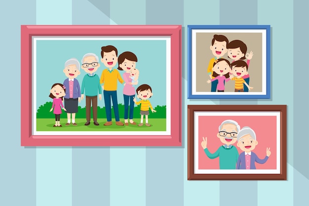 Collection of photos of family members in frames. Bundle of framed wall pictures or photographs with smiling people. Grandmother and grandfather in photo frame together. 