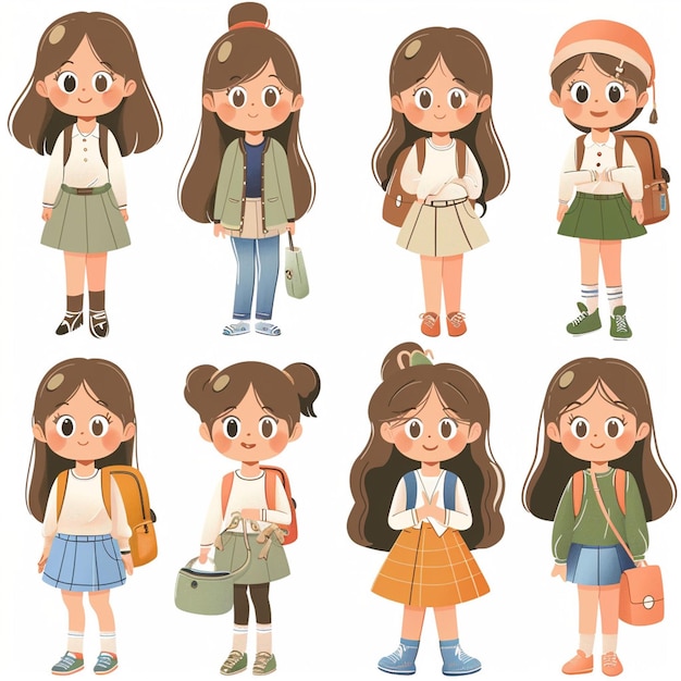 Vector a collection of pictures of a girl with different outfits of different styles of girls