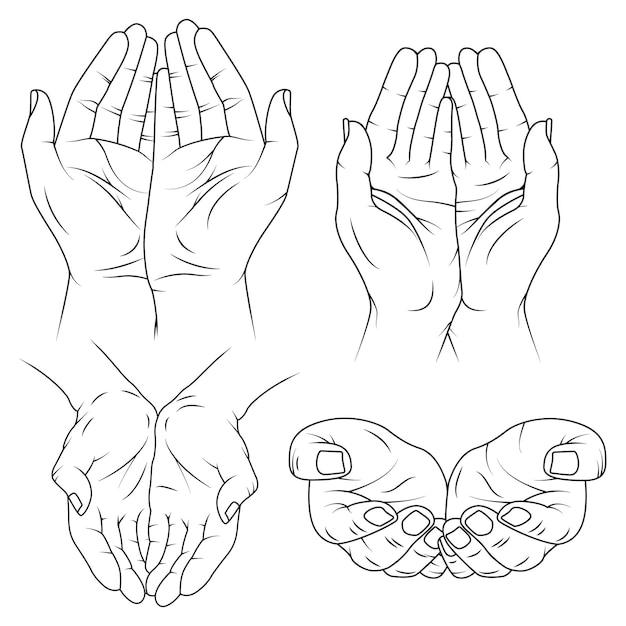 Collection of praying hands drawing outline