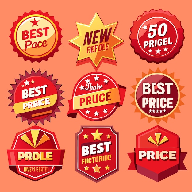 Vector collection of red and yellow badges with stars best price new 50 and other inscriptions