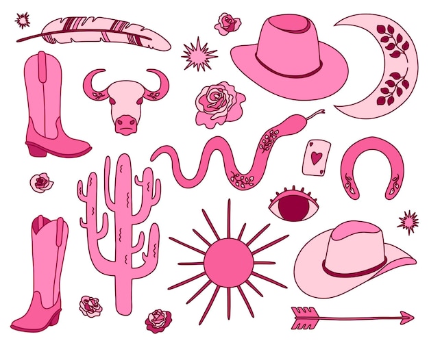 Vector collection of retro cowgirl elements in pink color cowgirl boots hat horseshoe wild west theme