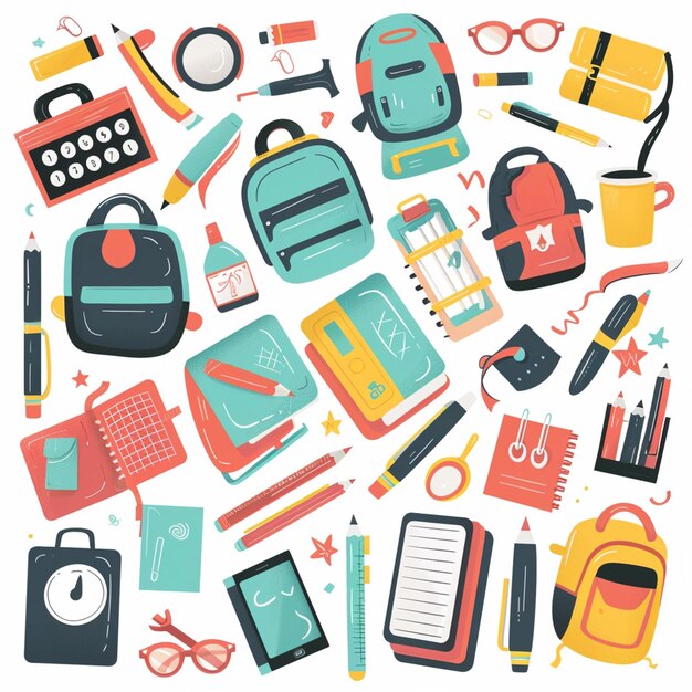 Vector a collection of school supplies including a backpack notebook and a pen