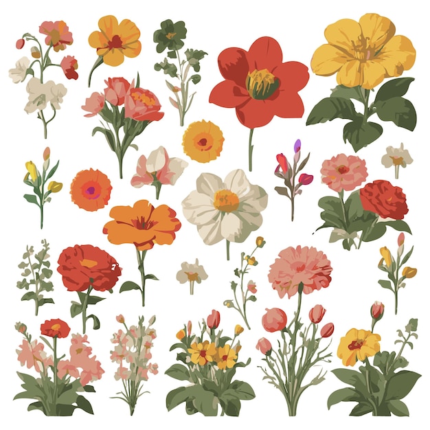 Vector a collection set of beautiful blooming wild flowers from the garden botanical chart