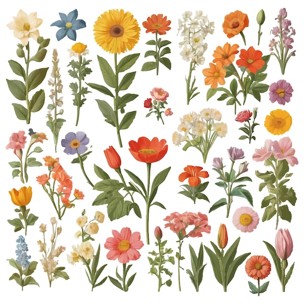 Vector a collection set of beautiful blooming wild flowers from the garden botanical chart