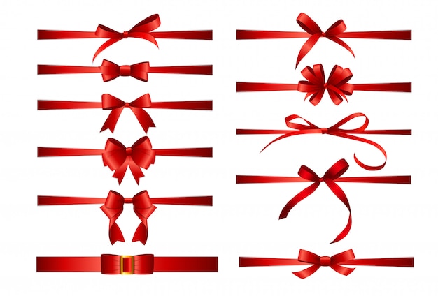 Collection Set of red bows with horizontal  ribbon isolated on white background. 