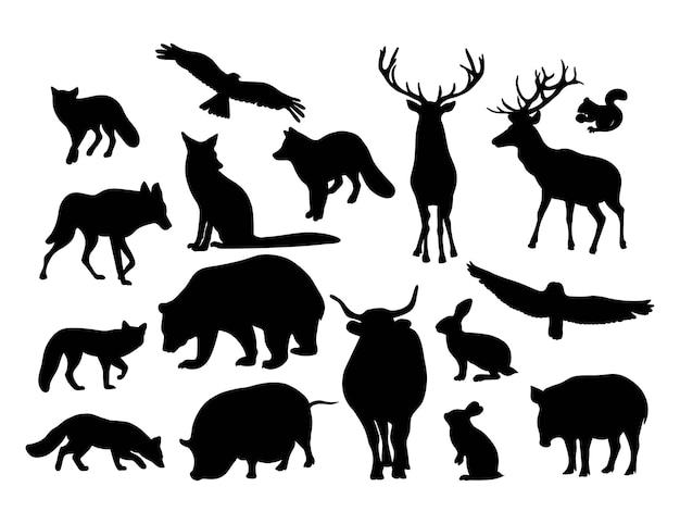 Vector collection silhouettes forest wild animals predators and birds isolated hand drawn black drawings