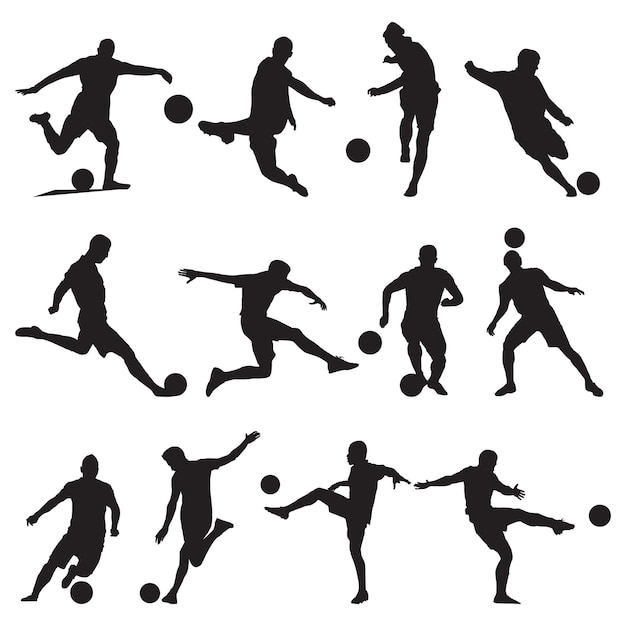 collection of silhouettes soccer players kicking the ball