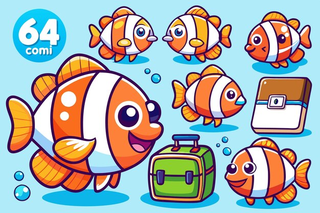 Vector a collection of six cute cartoon clownfish illustrations perfect for kids39 books merchandise or branding