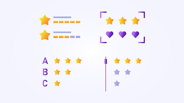 collection of star and love shape rating and review elements, customer ratings and reviews design.