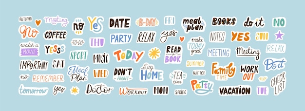 Collection of sticker words template vector flat illustration. Bundle of decoration for weekly or daily planner and diaries isolated on white. Funny decor with trendy lettering and design elements.