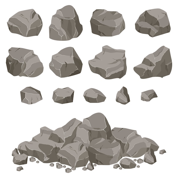 Vector collection of stones of various shapes. stones and rocks in isometric 3d flat style.