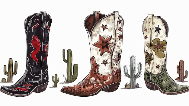 Vector collection of stylish cowboy boots with unique ornaments in wild west theme