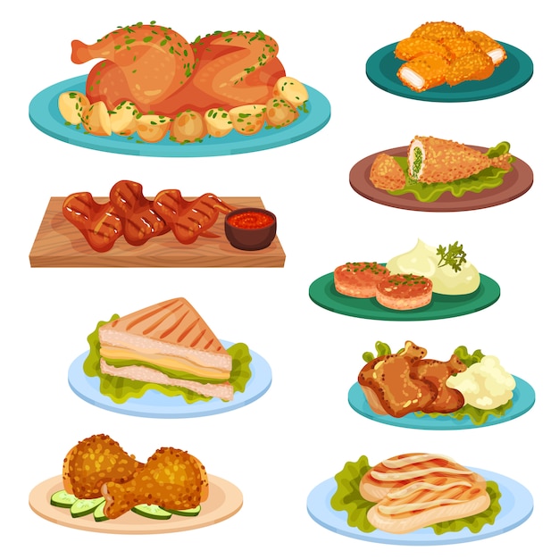 Collection of tasty poultry dishes, fried chicken meat, cutlets, sandwich served on plates  Illustration on a white background