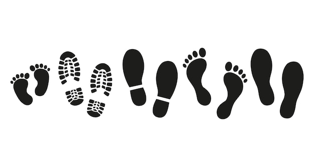 Vector collection of traces of human shoes bare feet children's footprints and sole on a white background