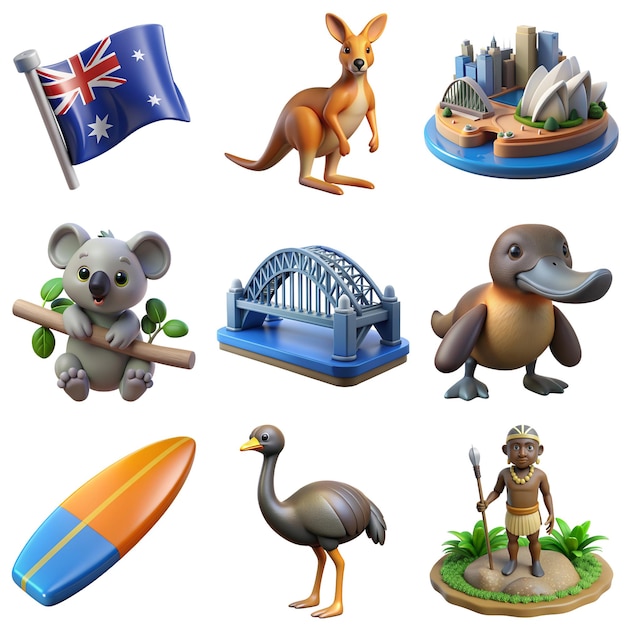 Vector collection of traditional australian symbols including sydney opera house typical australian animals