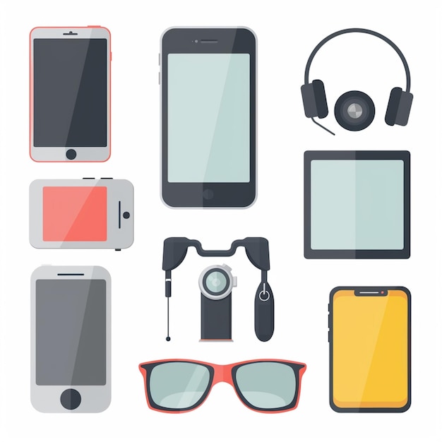 Vector a collection of various electronic devices including a camera headphones and sunglasses