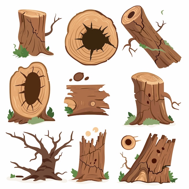 Vector collection various tree stumps logs detailed wood textures leaves scattered around lumber