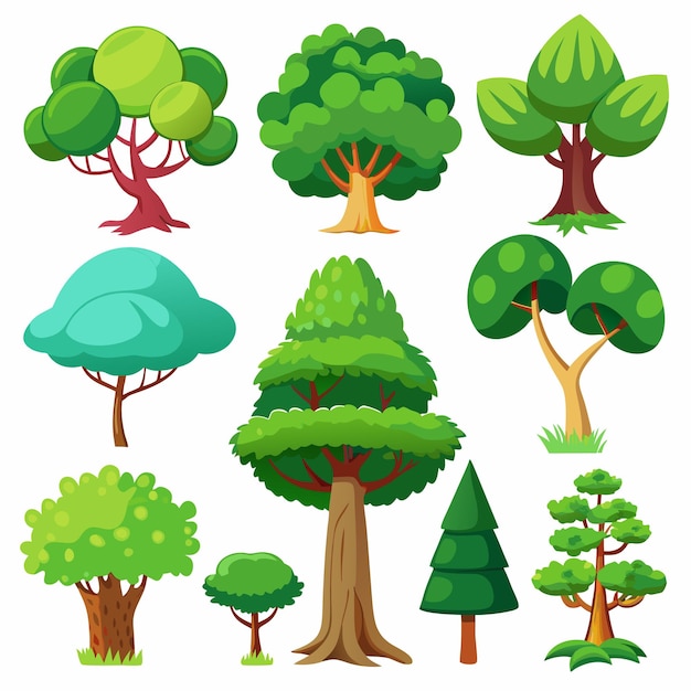 Vector a collection of various trees cartoonstyle vector illustration alone against a white backdrop