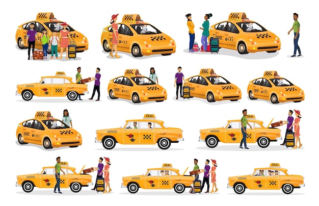 Vector collection of vector cartoon illustrations and situations with taxi and yellow cabs and happy family go on holiday vintage and modern cars