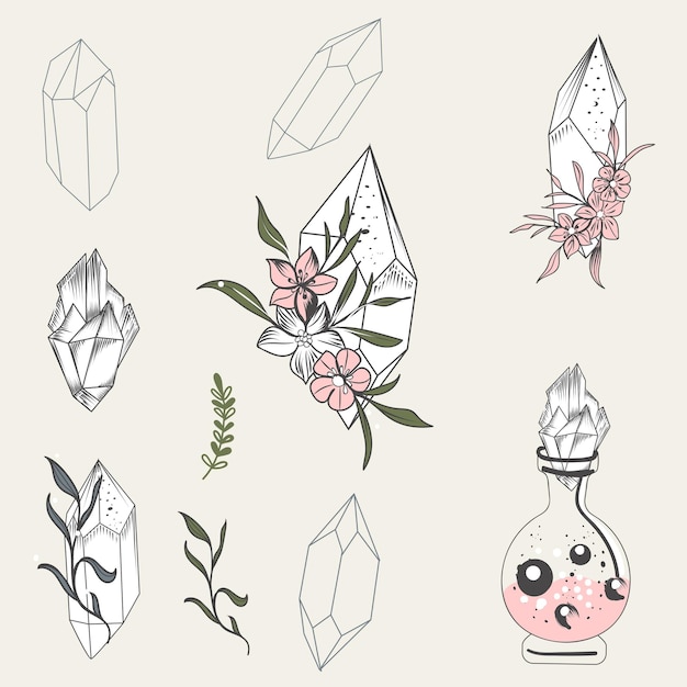 Vector collection of vector hand drawn magic crystals in boho style