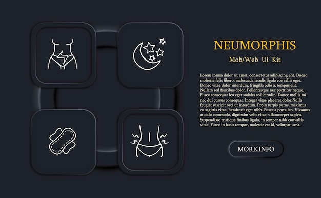 Collection of vector icons representing critical days Menstruation menstrual cycle period cramps pain PMS Neomorphism style Vector line icon