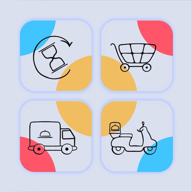 Collection of vector icons representing food delivery Delivery bag restaurant food truck scooter Neomorphism style Vector line icon