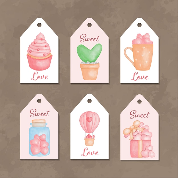 Collection of watercolor labels for valentine's day