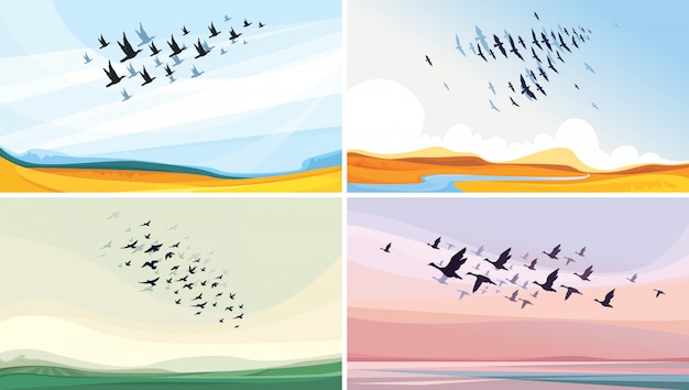 Vector collection of wildlife sceneries. migratory birds in sky.