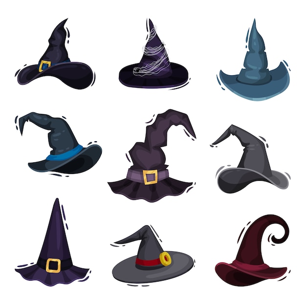 Collection of witch hats on white background.