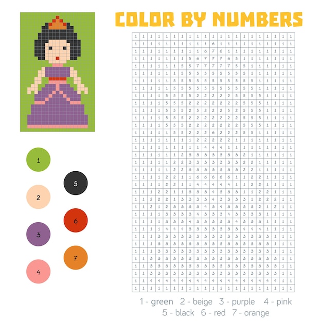 Color by number, education game for children, Princess