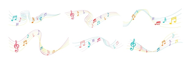 Color music notes Musical notation lines with note symbols song waves and musically rainbow vector illustration set