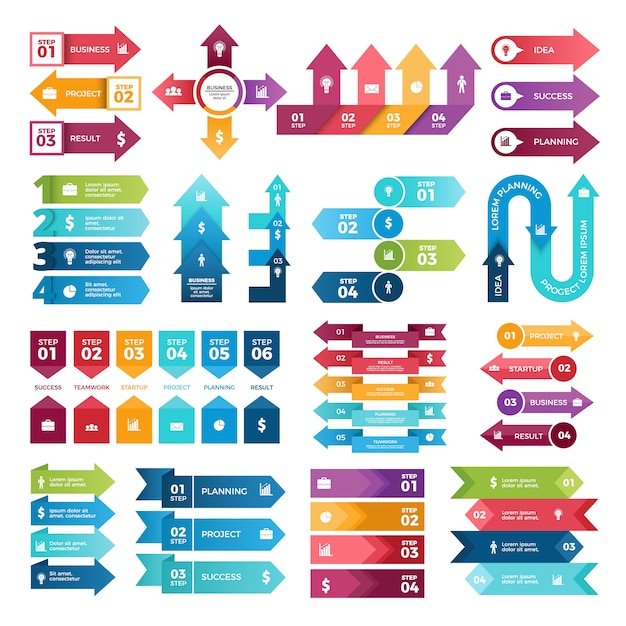 Colored arrows for business presentations, collection of infographic elements