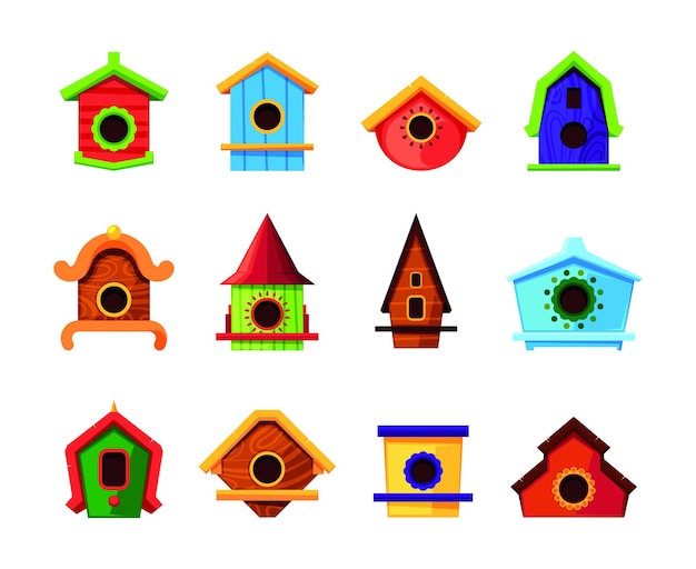 Colored bird houses Wooden roofed living containers for flying birds trees houses garish vector flat pictures collection