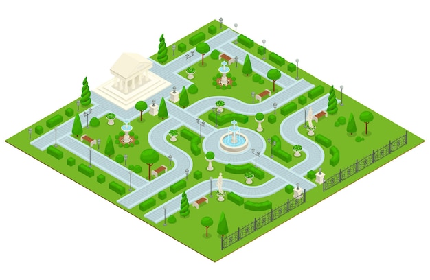 Colored isometric landscape design park composition with a small park with an architectural building