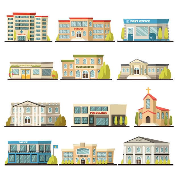 Colored Municipal Buildings Icon Set