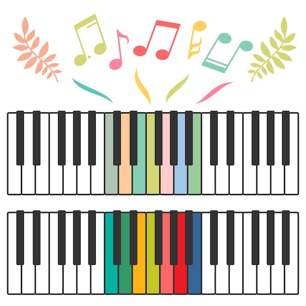 Colored piano keys and notes vector illustration