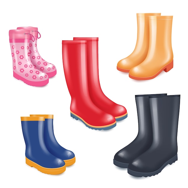 Colored rubber boots vector realistic icon set