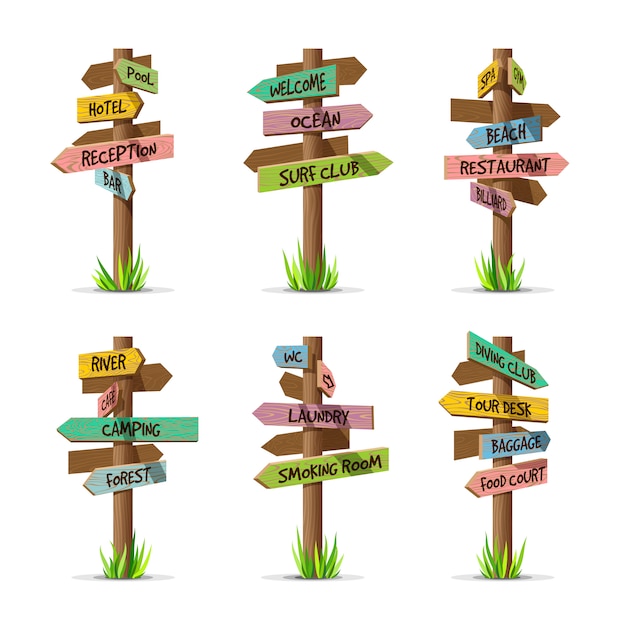 Colored wooden arrow signboards resort set