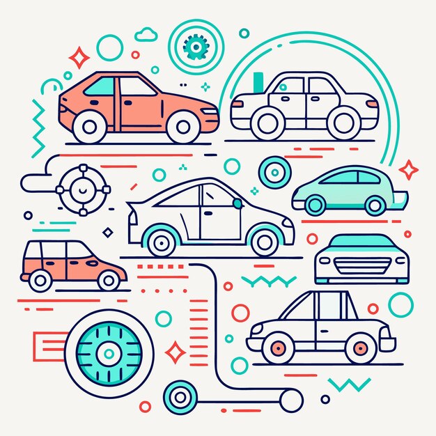 Vector a colorful abstract design with line art cars and geometric shapes