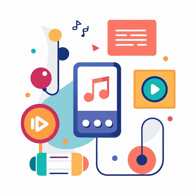 Vector colorful abstract illustration of music player with play button headphones and notes