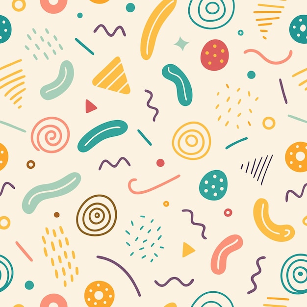 Vector colorful abstract seamless pattern with geometric shapes lines dots and swirls on a beige background