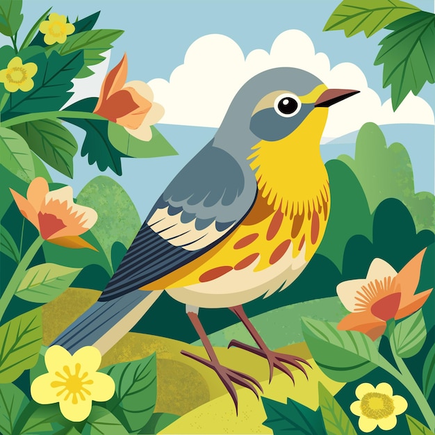 Vector a colorful bird is standing in a garden with flowers and a blue sky